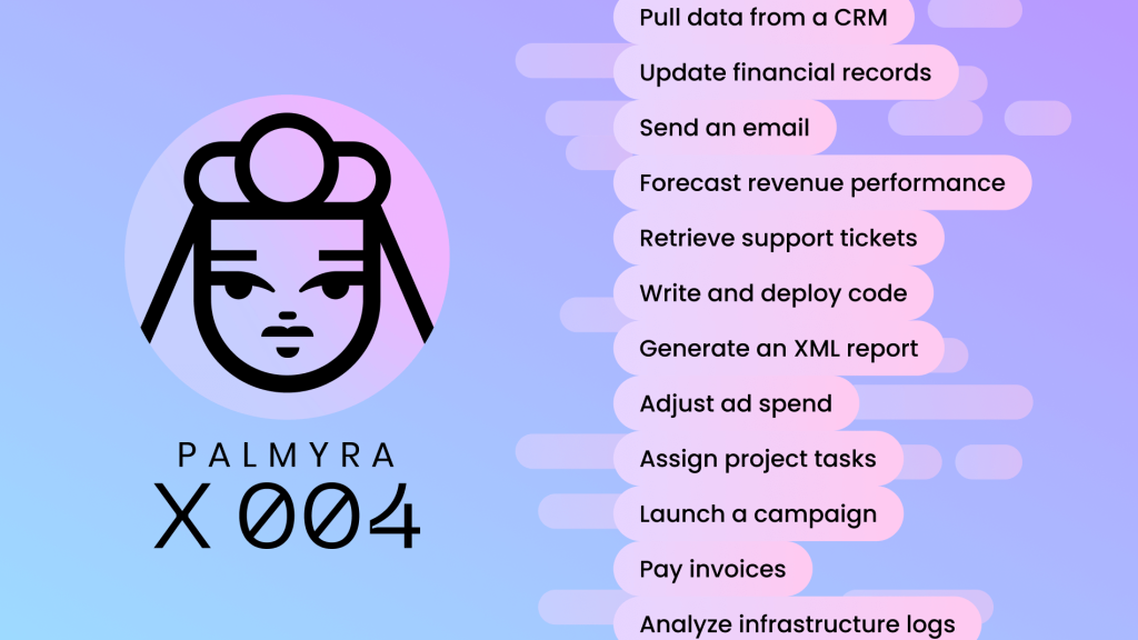 An illustration of a stylized face next to a strategic overview of "PALMYRA X 004" capabilities: pulling data from CRM, updating financial records, sending emails, forecasting revenue, retrieving support tickets, and more. The gradient purple and pink background highlights AI innovations.