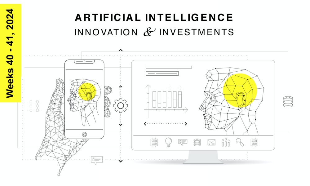 Illustration of a hand holding a smartphone and computer monitor, both displaying wireframe human heads with highlighted brains. Text reads "Artificial Intelligence Strategic Overview & Investments," with a sidebar indicating "Weeks 40-41, 2024.