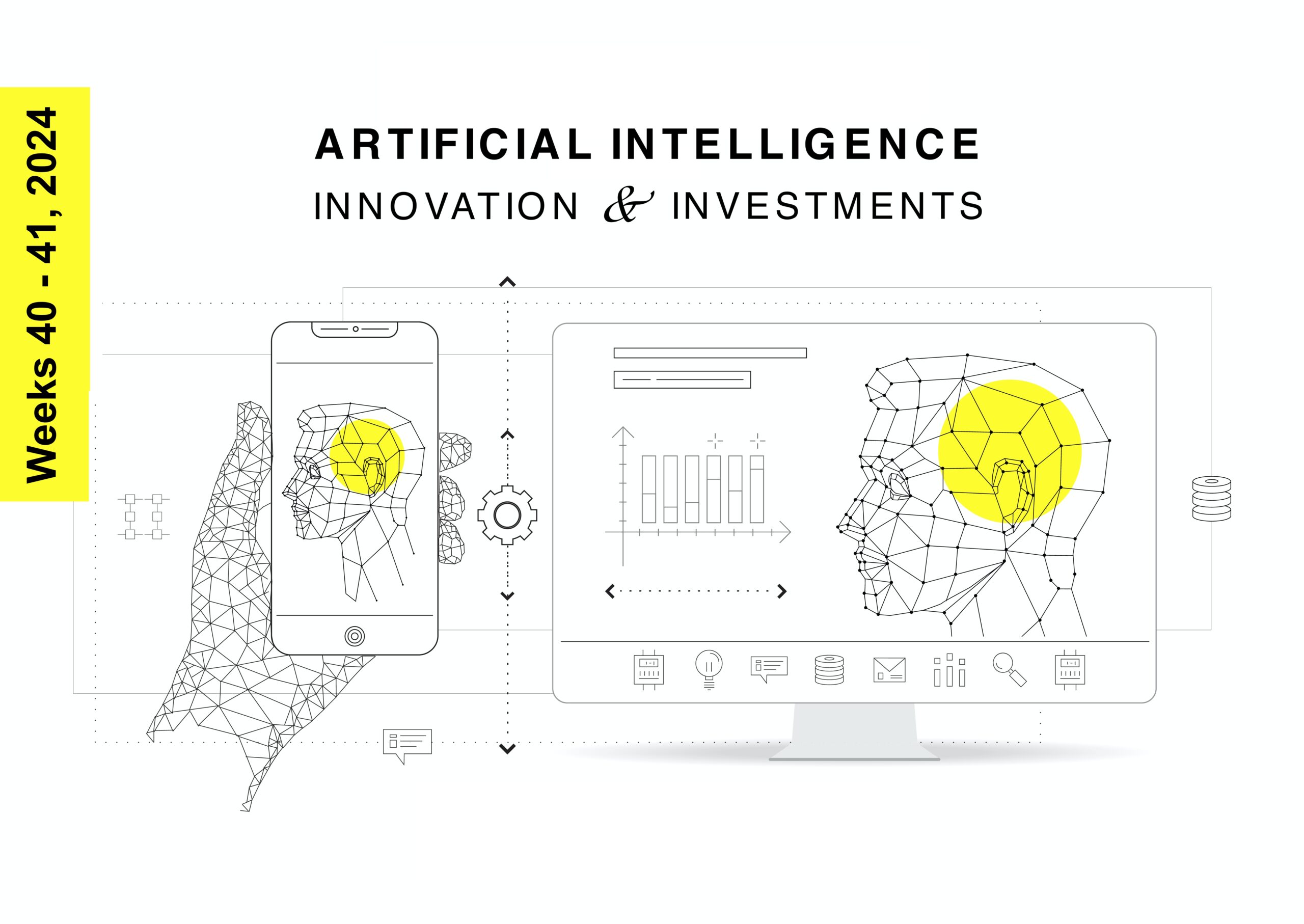 Illustration of a hand holding a smartphone and computer monitor, both displaying wireframe human heads with highlighted brains. Text reads "Artificial Intelligence Strategic Overview & Investments," with a sidebar indicating "Weeks 40-41, 2024.