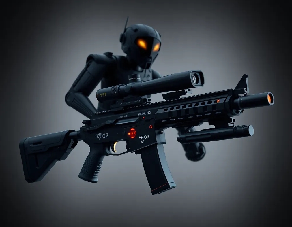 A futuristic robot with glowing eyes holds a sleek, advanced rifle, showcasing the latest AI innovations and strategic advancements. The dark gradient background emphasizes the weapon's cutting-edge design and the robot's intricate features.