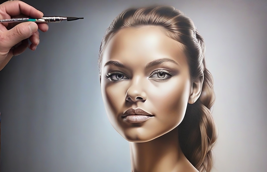 A hand holding a paintbrush intricately adds details to a realistic painting of a woman with long, wavy brown hair, her serene expression captured flawlessly. Airbrush AI aids creators and businesses by perfecting the smooth gradient of gray tones in the background.