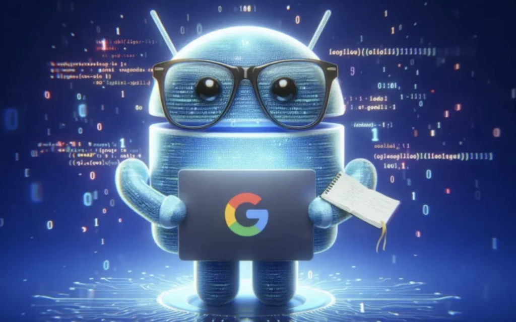 A cute robot, representing AI innovations, holds a laptop with the Google logo, surrounded by floating code snippets. It wears large black glasses and clutches a notepad in its other hand. The background features a digital, glowing blue pattern with numbers and symbols.