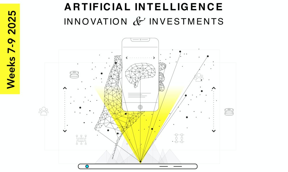 Abstract illustration of a hand holding a smartphone, displaying a brain with polygonal connections. Text reads "Artificial Intelligence: Strategic Innovations & Investments," with a yellow bar on the side saying "Weeks 7-9 2025.