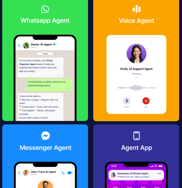 A colorful graphic unveils AI Innovations with four types of agents: WhatsApp Agent, Voice Agent, Messenger Agent, and a mobile Agent App. Each section features an interface screenshot set against vibrant backgrounds, offering a strategic overview of their unique capabilities.