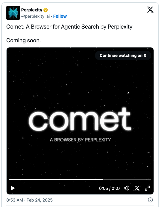 A video preview from Perplexity AI, featuring "Comet: A Browser for Agentic Search by Perplexity," unfolds against a starry night sky. This showcases our latest AI innovations. Text reads "Continue watching on X.