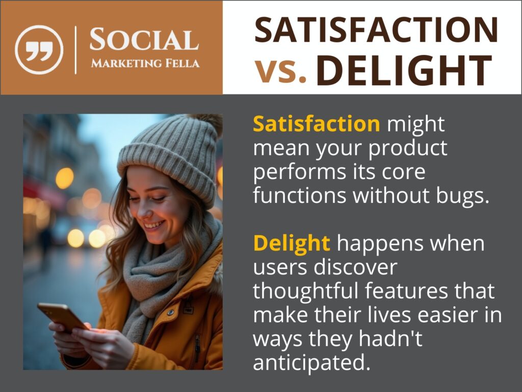 A person in a beanie and scarf smiles while using a smartphone. Text beside them reads: "Satisfaction might mean your product performs its core functions without bugs. Delight happens with thoughtful features that enhance their experience, driving product-led growth for companies.