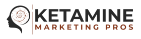 Logo for Ketamine Marketing Pros, featuring a silhouette of a head with a spiral pattern symbolizing thought. The text "Ketamine Marketing Pros" is in bold, with "Marketing Pros" in orange. An AI element adds a modern touch, reflecting innovation and intelligence in marketing solutions.